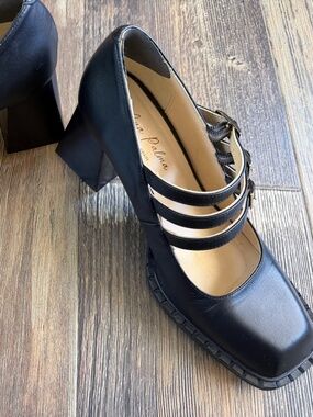 Ana Palma Black Leather Triple Strap Mary Jane Heels EU 38